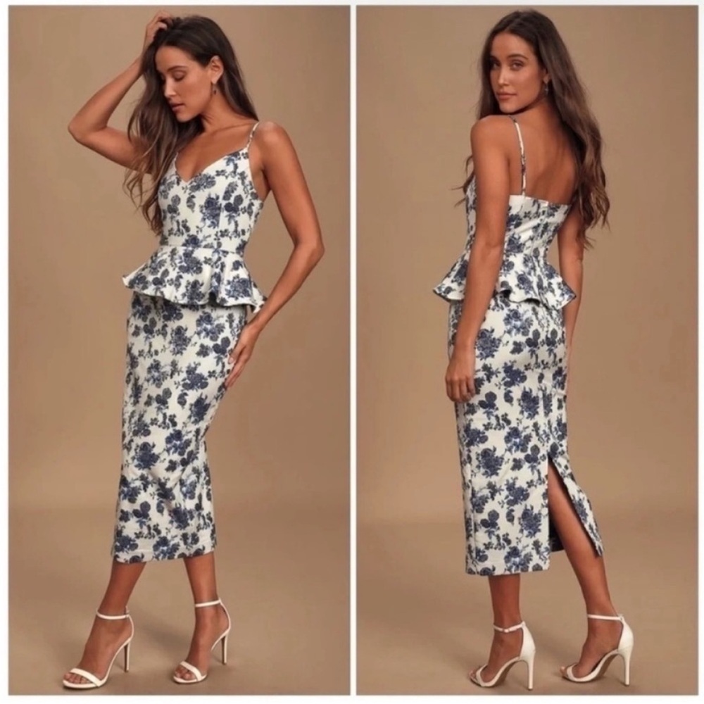 NWT En Saison A Sight To See Navy Blue Floral Jacquard Peplum Ruffle Midi Dress